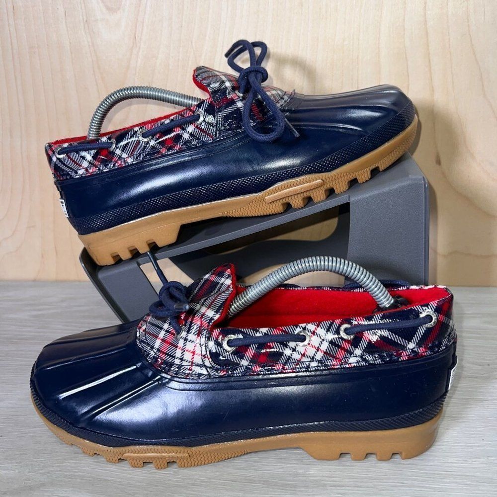 Sperry Top-Sider Waterproof Rubber Duck Boots Navy Blue/Red Plaid Women's 7